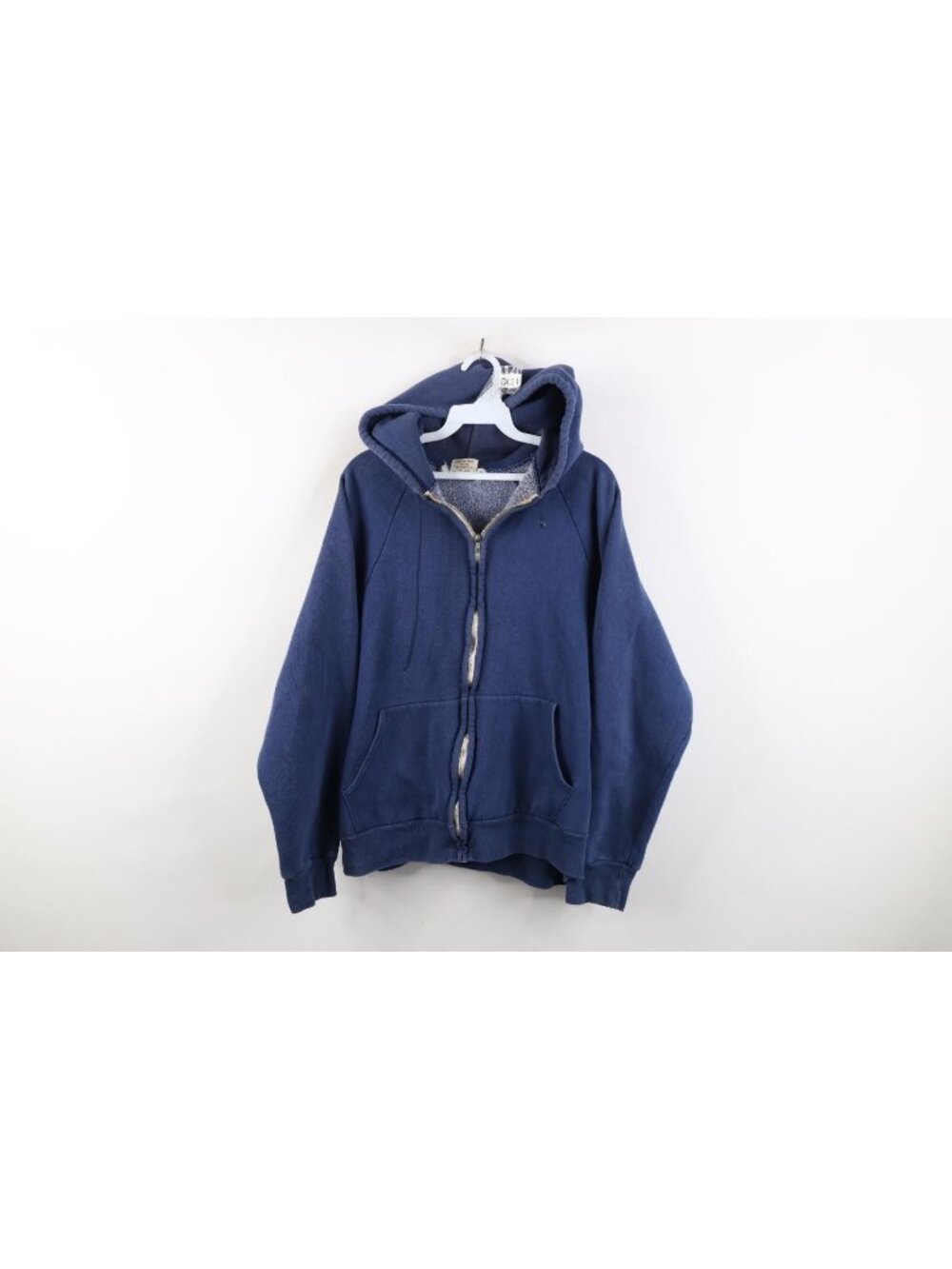 Vintage 70s Blank Full Zip Hoodie Sweatshirt Mens Size L Blue Distressed Faded